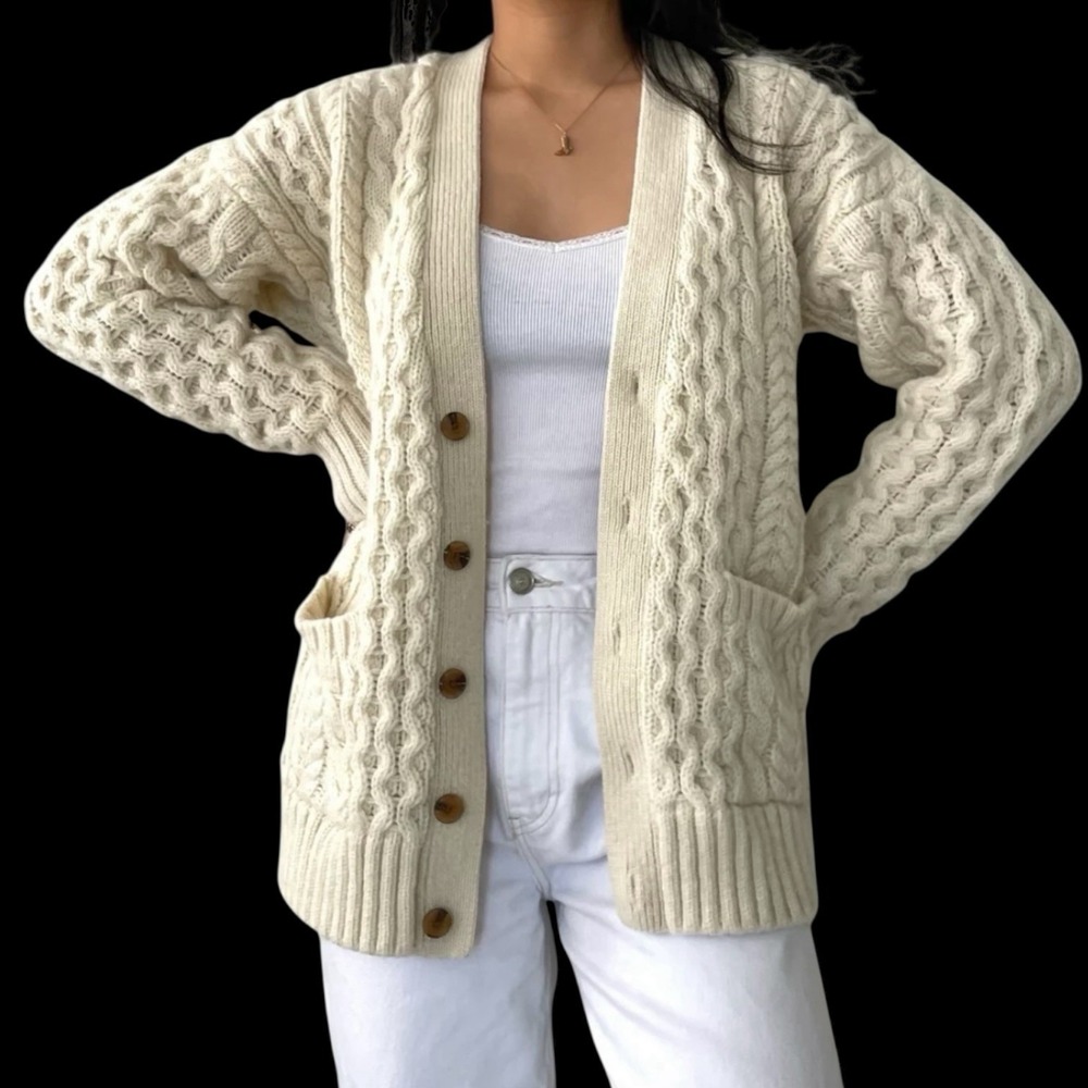 Brandy Melville Cream Wool Knit Chunky Oversized Button Cardigan Sweater Size L